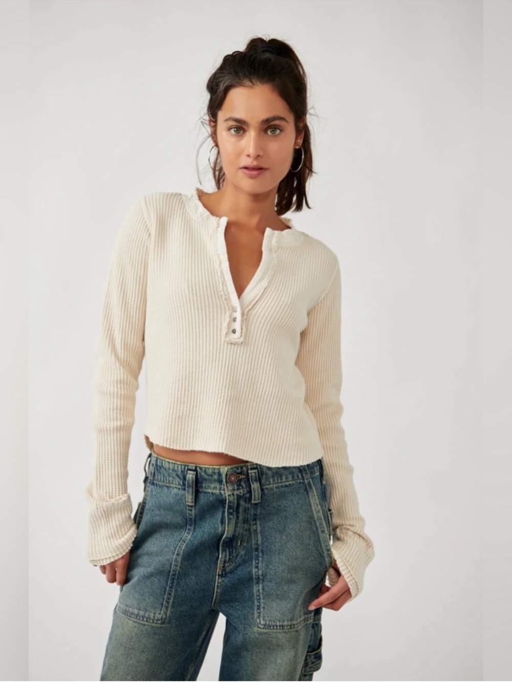 Free People Waffle-Knit Henley Long Sleeve Top in Cream sz XS